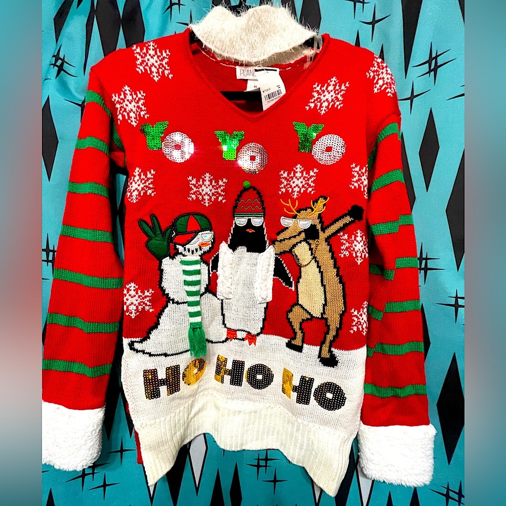 🎄⛄️Planet Gold Choker Neck Faux Fur & Sequin Accented Xmas Sweater*NWT*-sz xs